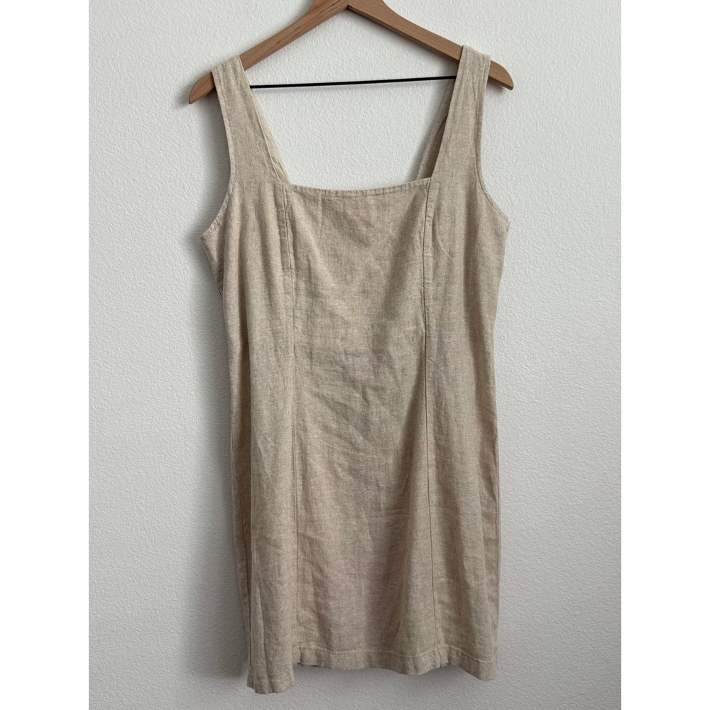 Old Navy Linen Shift Dress Large Oatmeal Coastal Grandma Smocked Mini Sleeveless